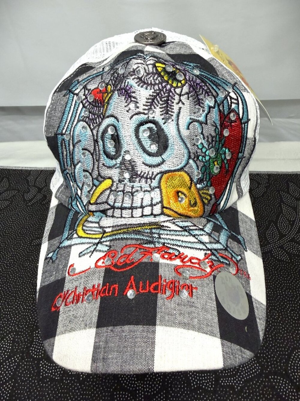 Ed Hardy  Christian Audigier  Skull  Trucker Hat Black & White Plaid     NWT